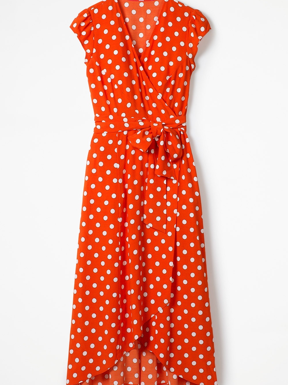 Boden Grecerelle Polka Dot High-Low Wrap Dress in Bright Orange